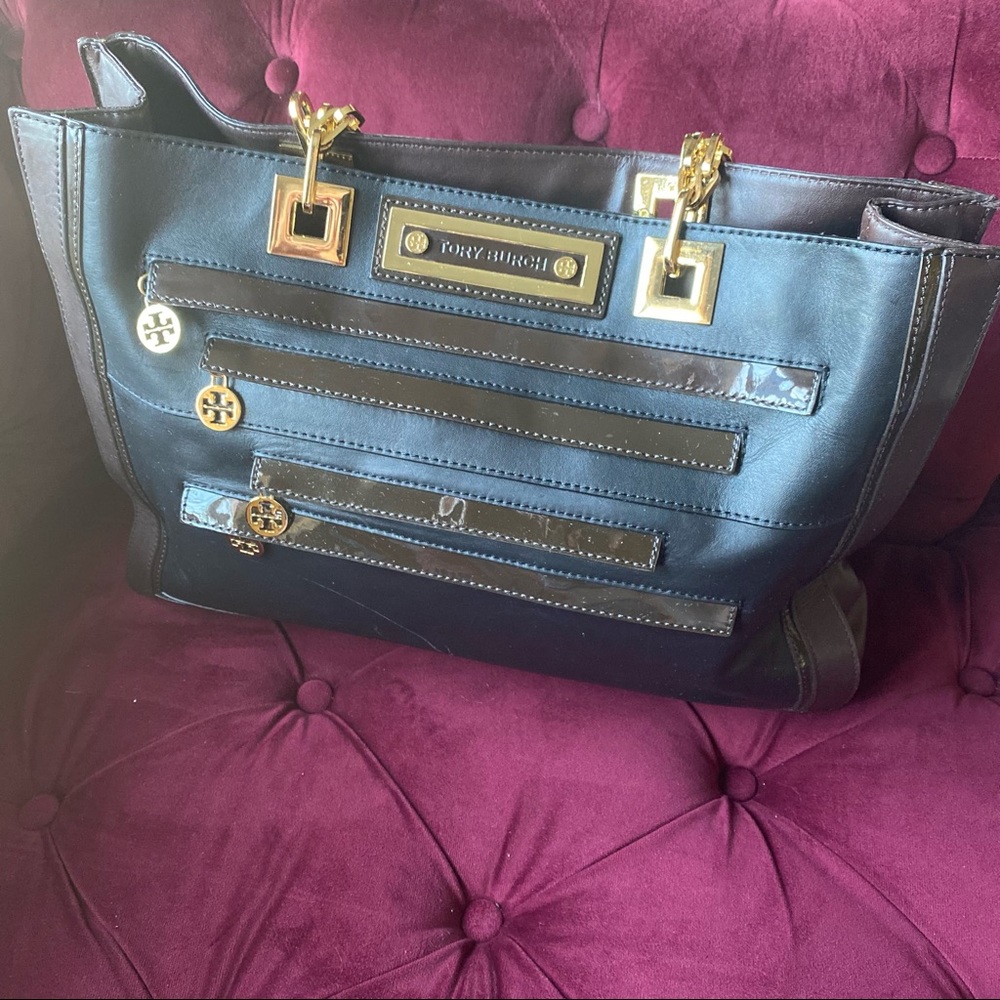 Tory Burch Vintage Black and Brown Leather Tote Purse